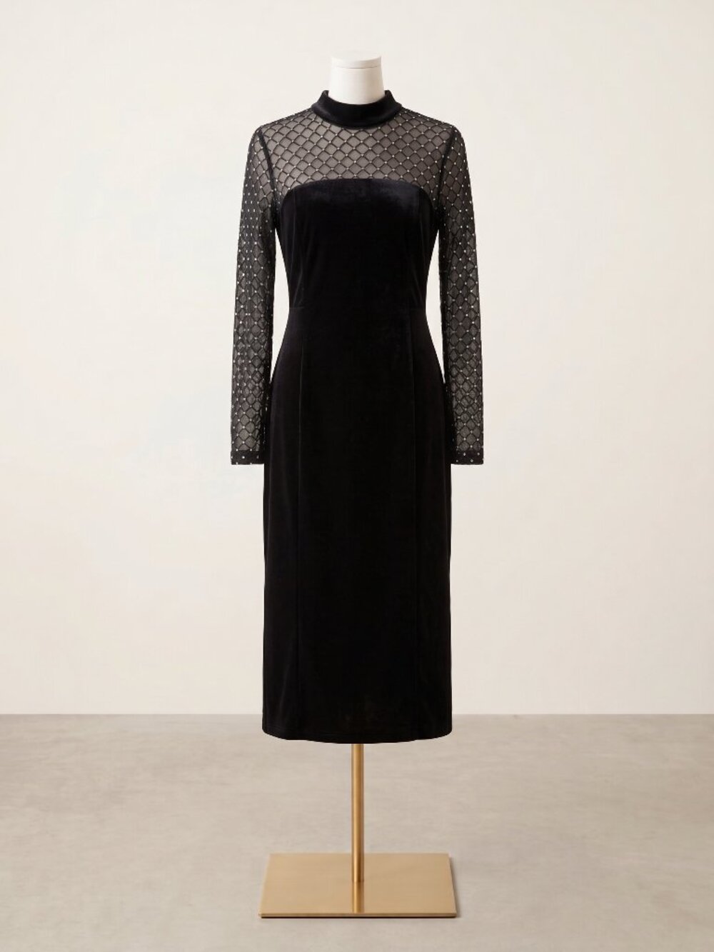 Eliza J Black Velvet Mock Neck Studded Lattice Mesh Sheath Midi Dress Size 6